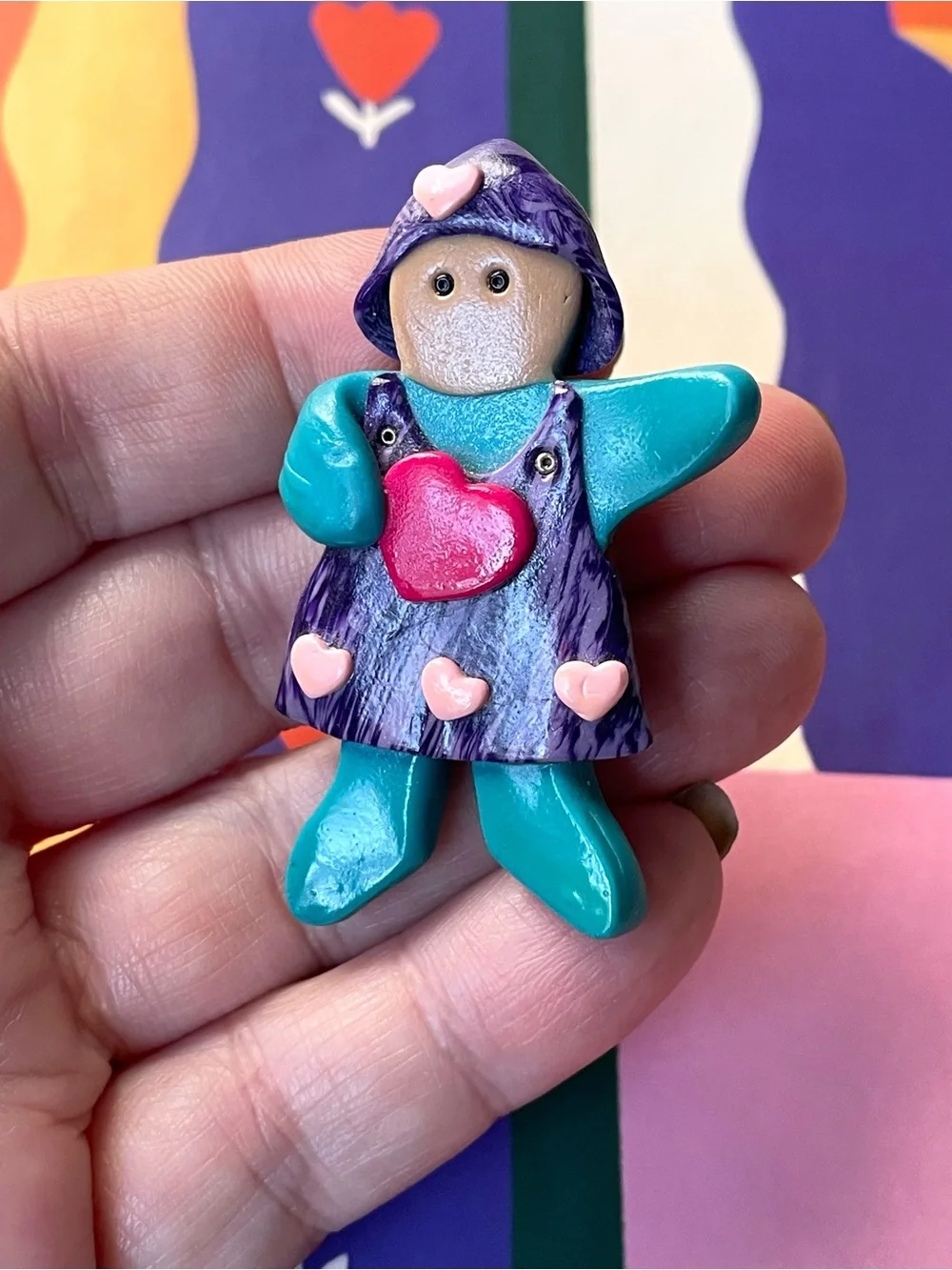 Adorable vintage/style polymer clay girl child brooch w/ hearts